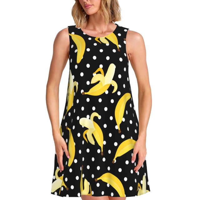 Vsdgher Robes d'Été Imprimé Banane pour Femmes Robe de Plage Décontractée Col en U Sans Manches Robe d'Été Ample avec Poche