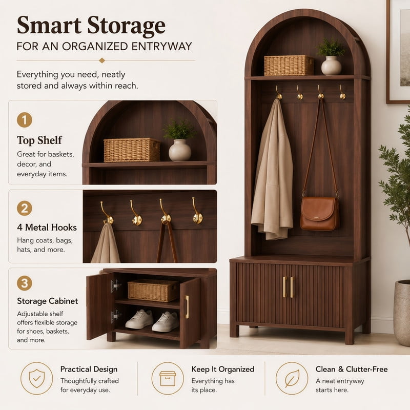 Farmhouse Arched Hall Tree with Storage Bench, Mudroom Bench with 2-Door Cabinet, 70.3'' Coat Rack with 4 Metal Hooks, Entryway Mudroom Organizer with Solid Wood Legs for Hallway & Living Room