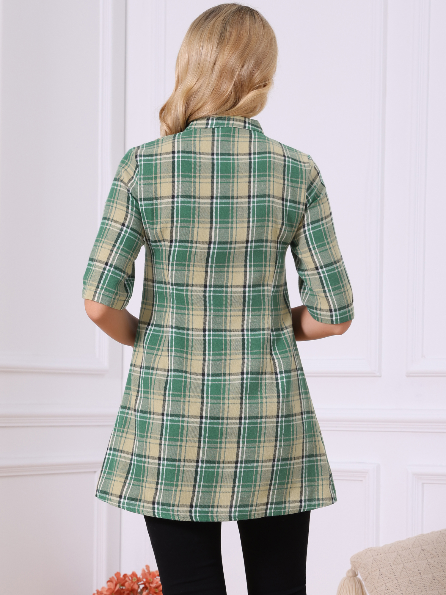 DARING DIVA Women's Check Top V Neck Half Sleeve Casual Tunic Blouse Green XL
