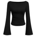 thumbnail image 4 of Long Sleeve Shirts for Women Boat Neck Bell Sleeve Ribbed Ruched Long Sleeve Tops Casual Chic Clothes Womens Sweatshirt Black Xl, 4 of 4