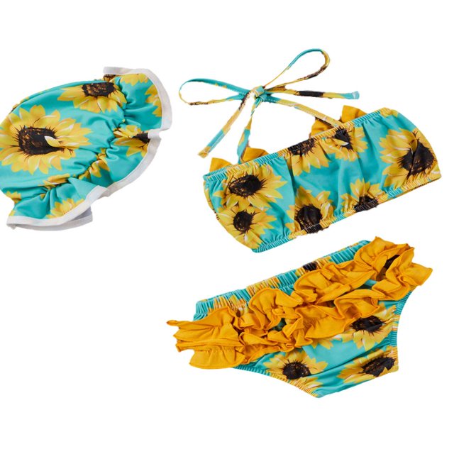 Baby Swimsuits Flower Crop Tops Short Pants Hat 3 Piece Swimswears