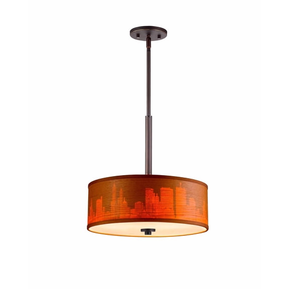 Woodbridge Lighting Drum 15" 3Lt Wood Pendant in Bronze/Veneer Brulee Cityscape