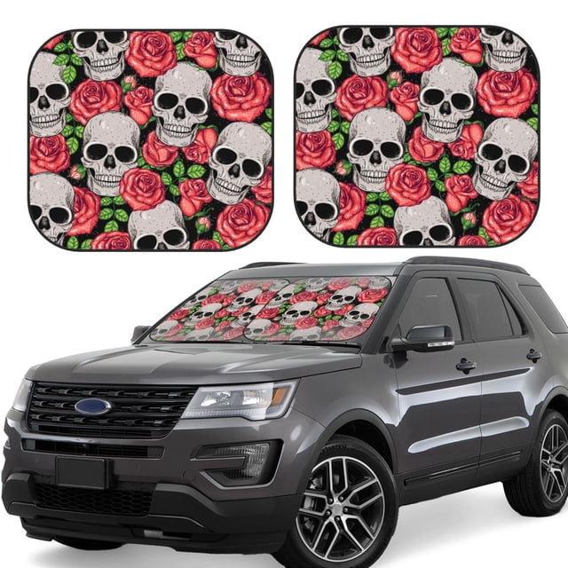 Lsque Skull and Roses 2 PCS Windshield Sun Shade | CarFoldable Window Covers | Car Accessories Reflect UV for Universal Cars SUV Truck-Large