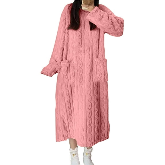 Lorytime Plus Size Nightgowns for Women with Pockets Fleece Bathrobes Crewneck Long Sleeve Sleepwear Loose Loungewear