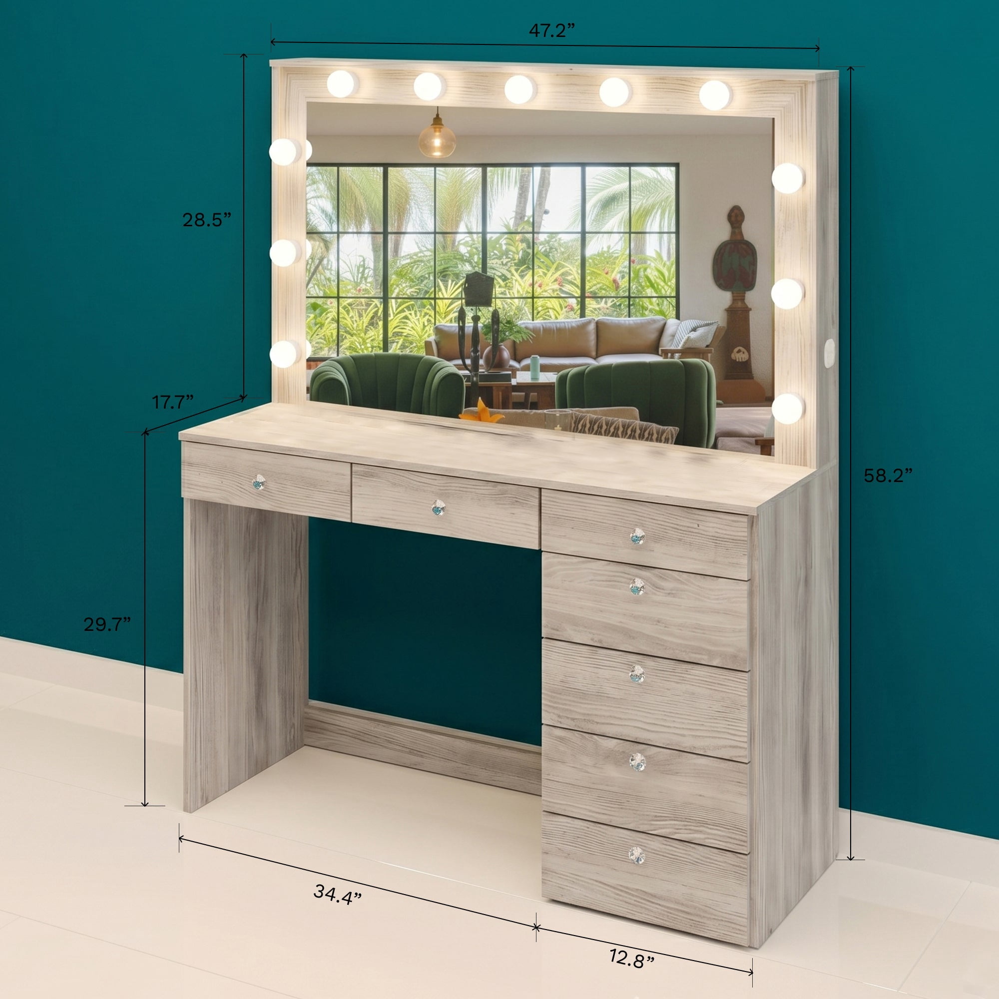 Ember Interiors Peggy Modern Large Greige Vanity Desk with Lighted Mirror, 7 Drawers, Power Outlet with USB Type-C and Crystal Knobs