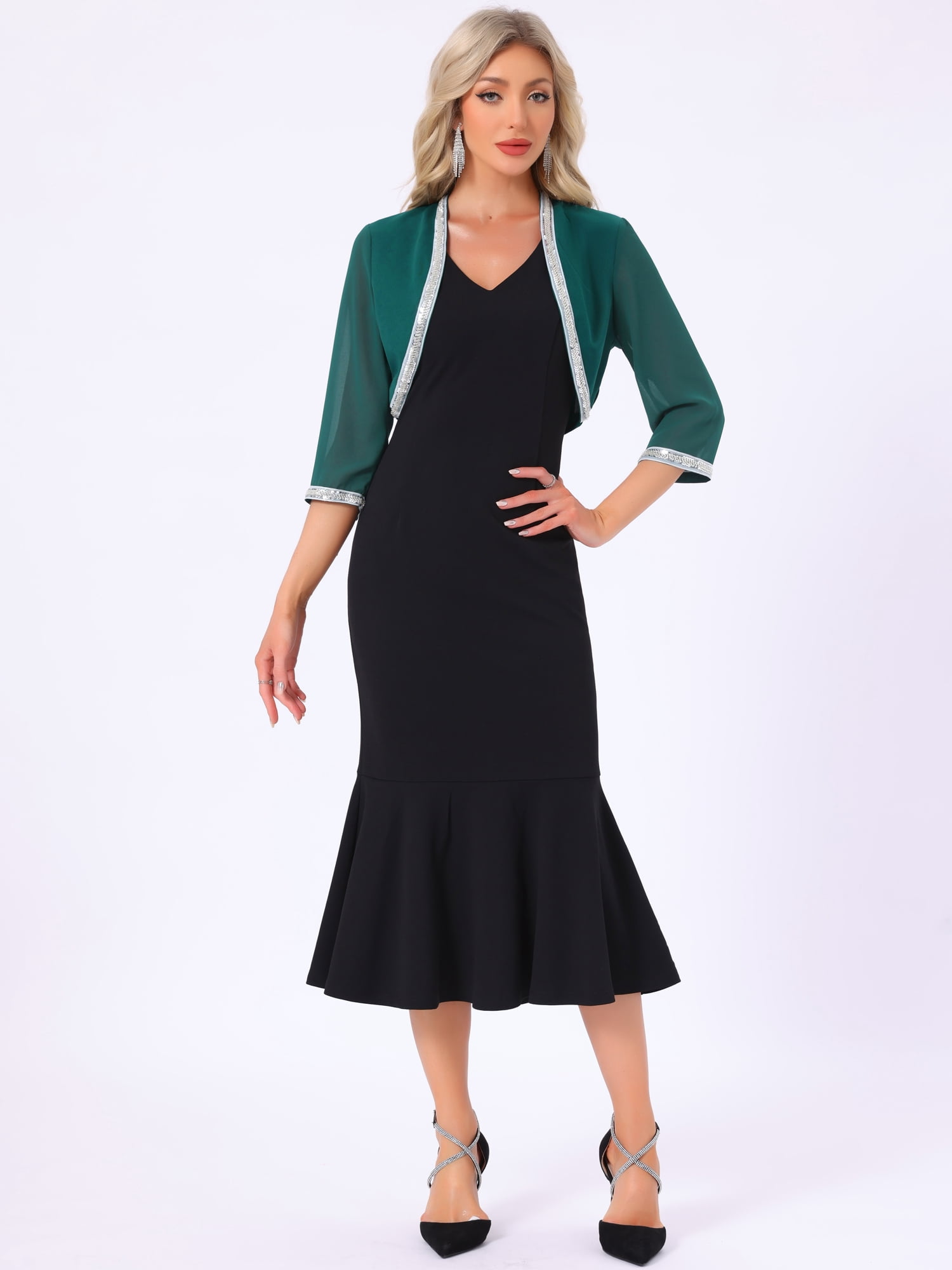 DARING DIVA Women's Sequin Beaded Open Front Evening Shrug M Dark Green