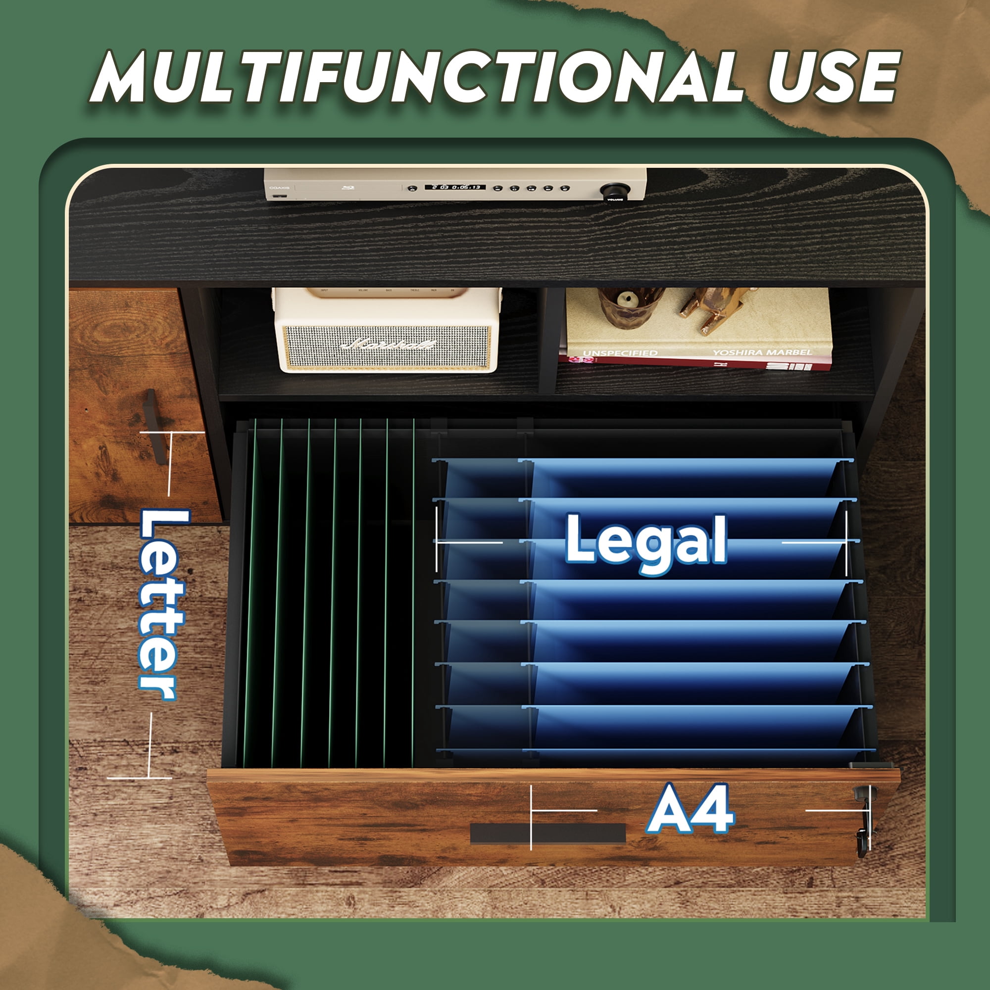 GALAXHERO Lateral File Cabinet with Lock, Rolling Wood Cabinet for Home Office, Printer Stand with Shelf, Fit Legal/A4 Size, Rustic Brown