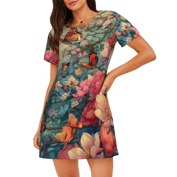 Fotbe Butterflies In Blooming Garden Bata de Dormir para Mujer con Estampado, Camisón de Algodón de Manga Corta, Ropa de Dormir Casual