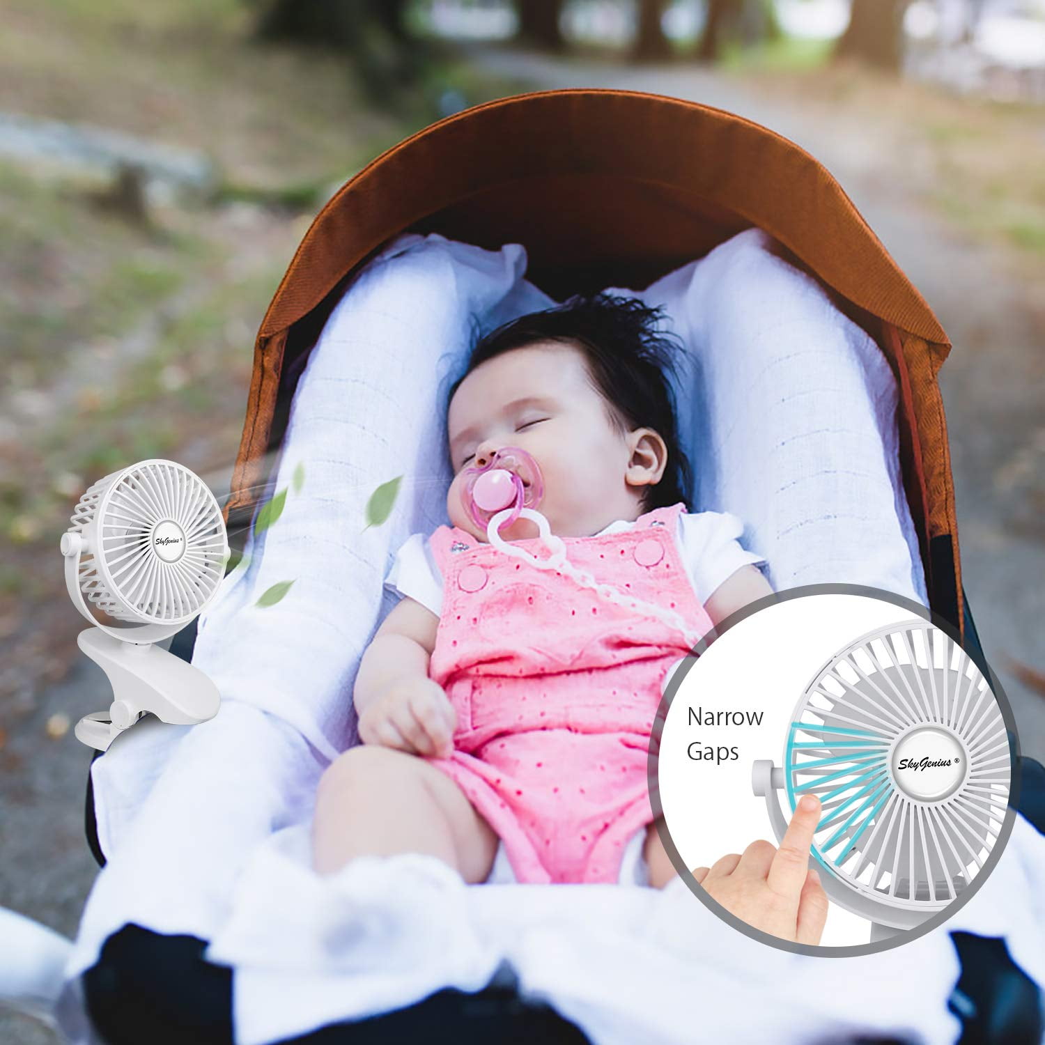 SkyGenius Battery Operated Mini Fan Clip on Desk Fan Baby Stroller Fan, White