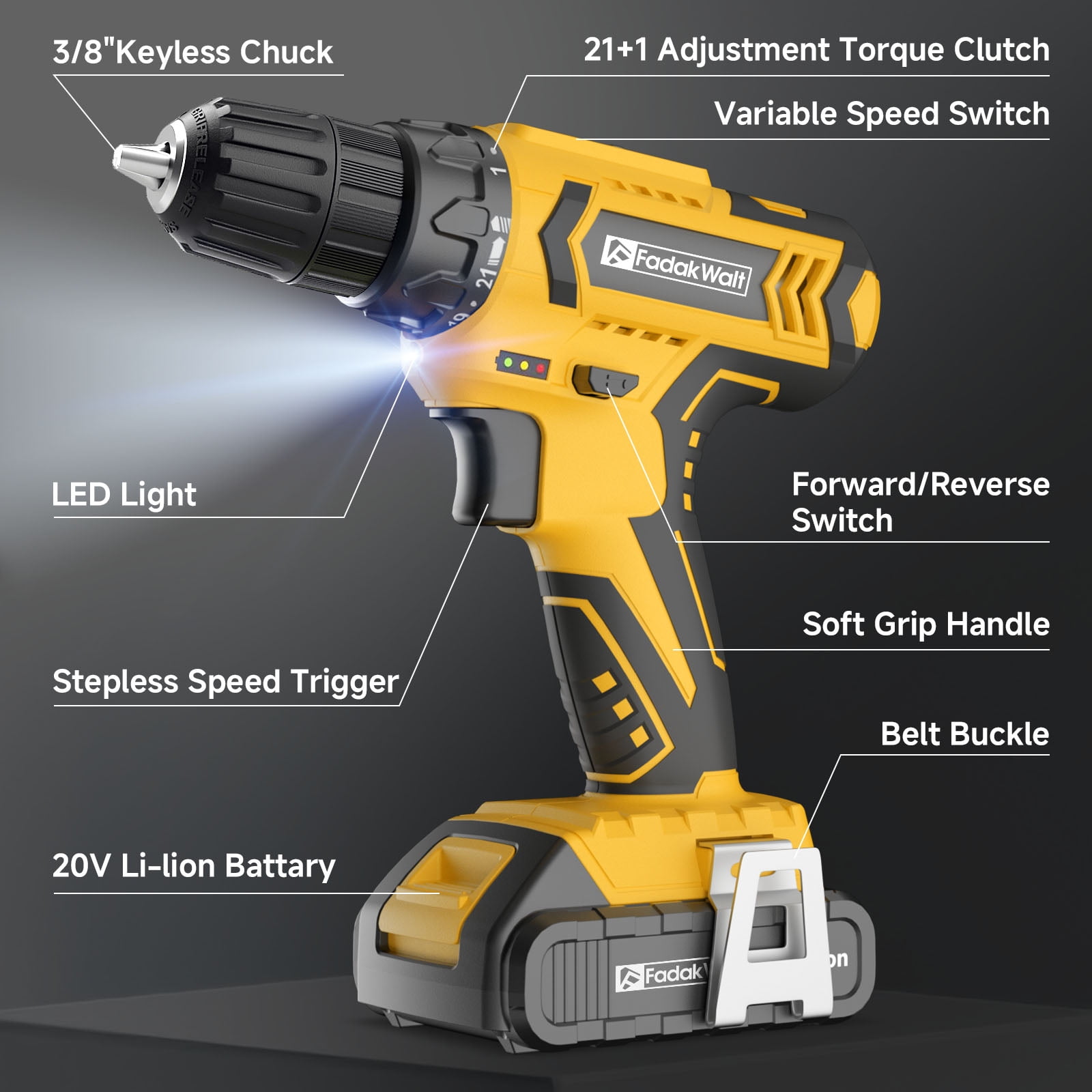 20V MAX Cordless Drill Set with Battery & Charger, 280 in-lbs Power Drill Kit, 2-Speed (0-1400 RPM), 21+1 Torque, 3/8" Keyless Chuck, 30pc Drill/Driver Bits, LED Light for Wood/Metal/Concrete(Yellow)