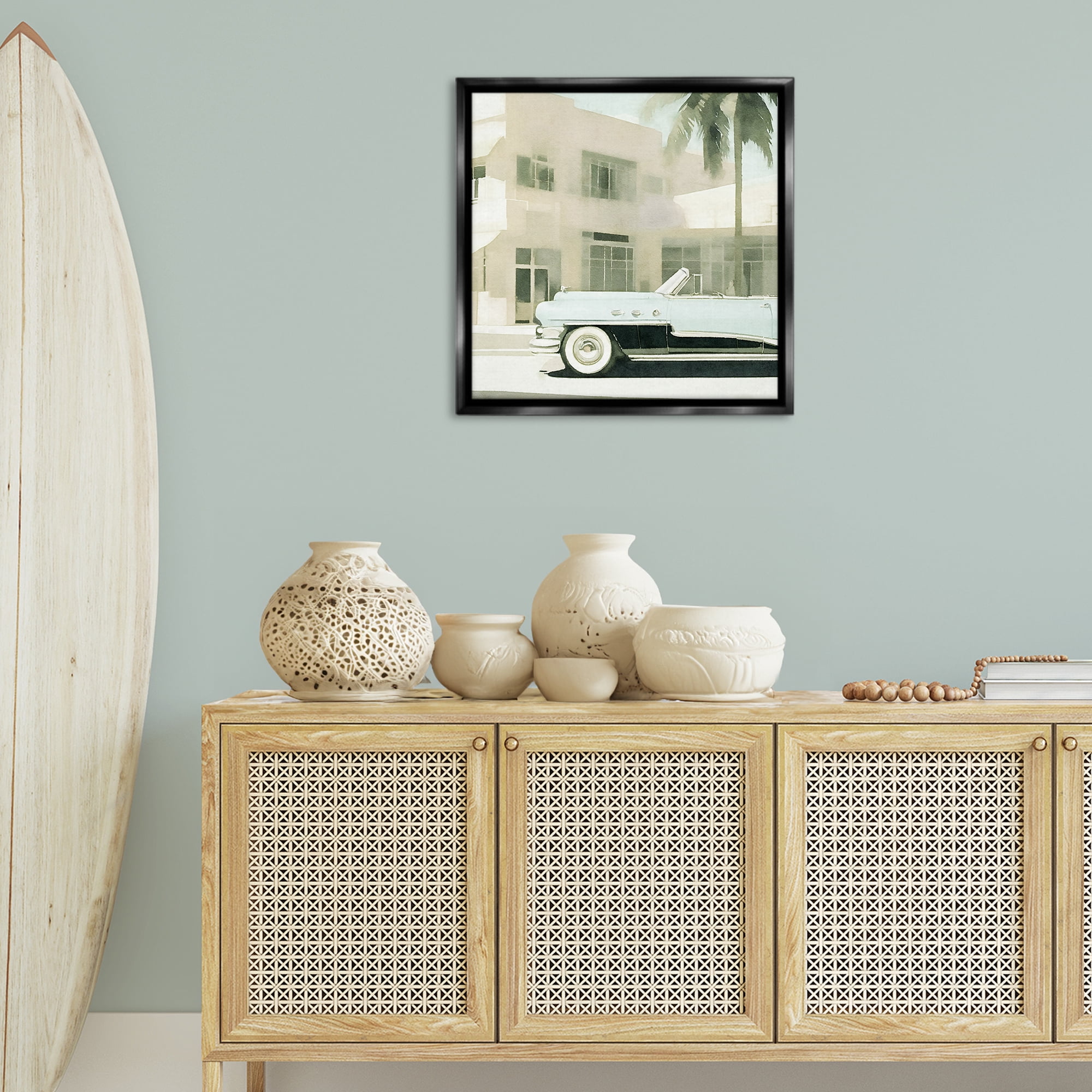 Stupell Industries Miami Car & Palm Tree Transportation Painting Black Floater Framed Canvas Art Print Wall Art, 25 x 25