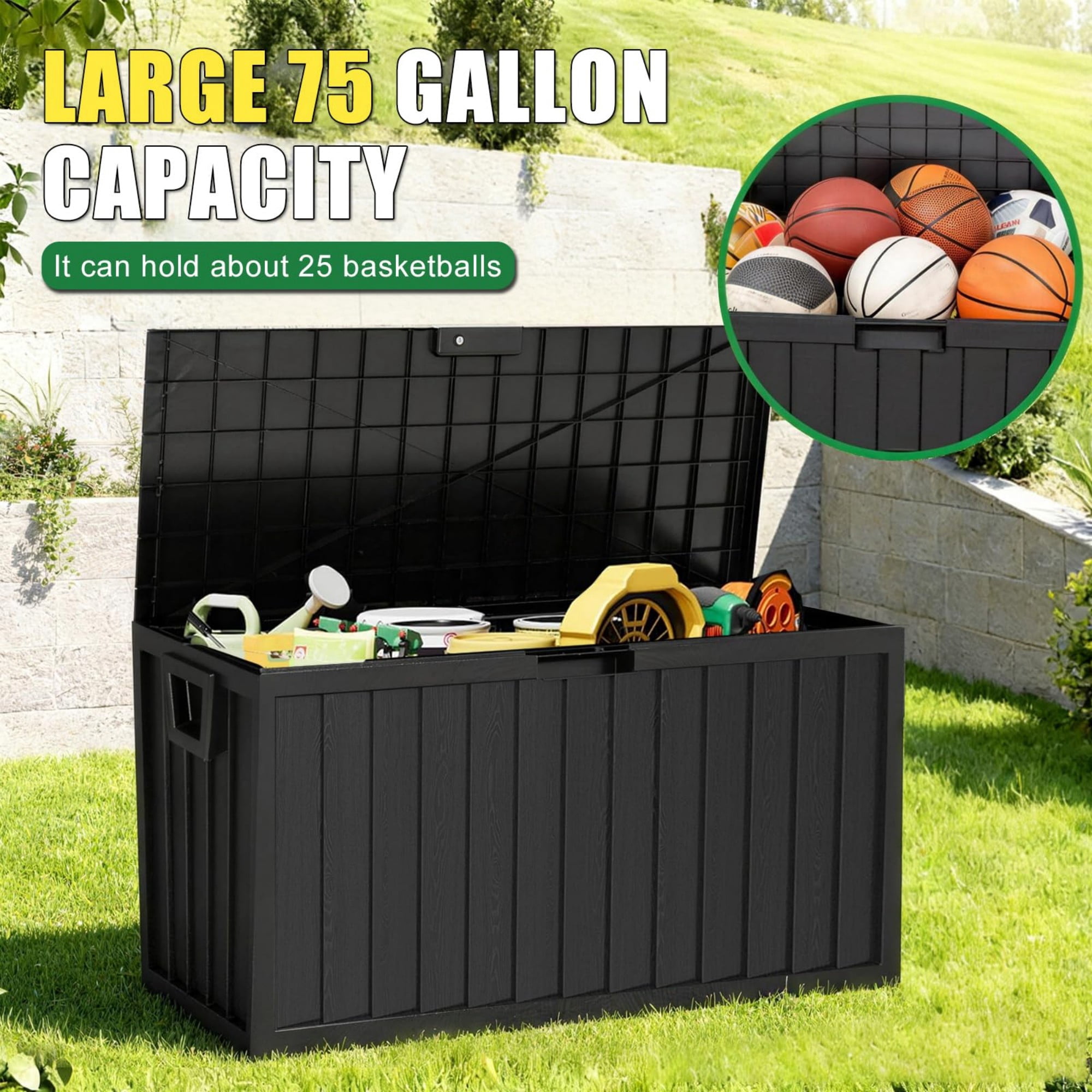 75 Gallon Outdoor Storage Box Waterproof, Lockable Deck Box with Wheels, 350 lbs Bench Patio Storage for Cushions, Garden Tools, Pool, Black