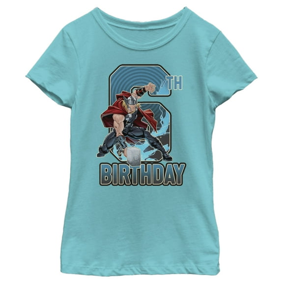 Girl's Marvel Thor Hammer 6th Birthday  Graphic Tee Tahiti Blue Small