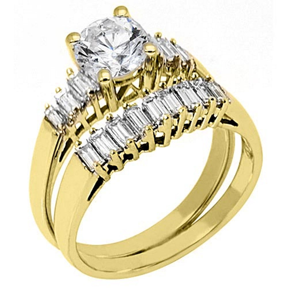 TheJewelryMaster - 14k Yellow Gold Round & Baguette Diamond Engagement ...