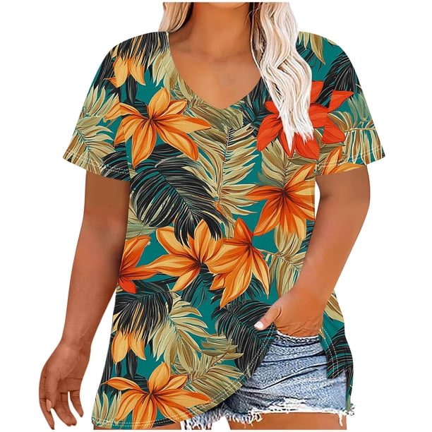 Camisetas Casuales de las Mujeres Más Tamaño V-Cuello Impresión Manga Corta Color Sólido Base de Verano Superior, Ligero para Diario