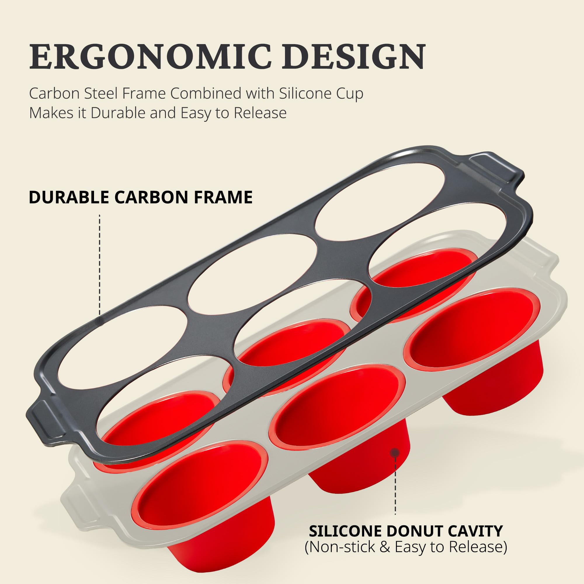 HONGBAKE Jumbo Silicone Muffin Pan with Metal Frame, 3.5" Large Muffin Tins, Non-Toxic Food Grade Silicone, Non-Stick for Egg Bites & Big Cupcakes, Oven Safe, Red