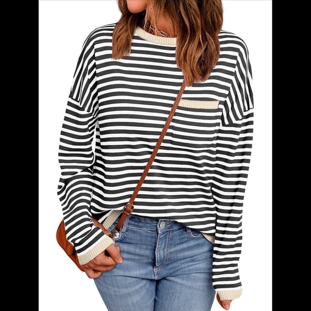 Suéter de Punto Suave A Rayas para Mujer, Camisa Holgada con Bolsillo en el Pecho. Albaricoque Rojo L