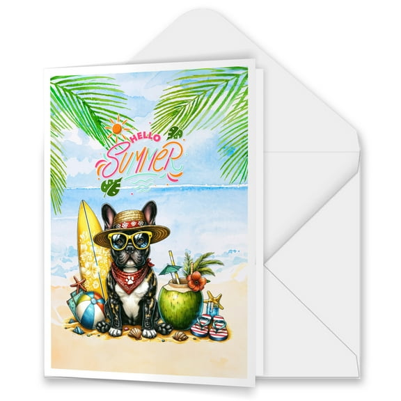 French Bulldog Hello Summer with Sunglasses and Surfboard Tropical Vibes 5x7in Folded Greeting Card Dog Lover Gifts Single Note Card with Envelope - 00007