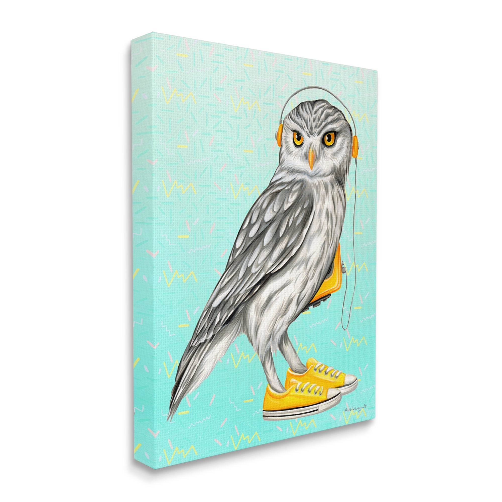 Stupell Industries Owl Wearing Yellow Sneakers Headphones Retro Pattern Graphic Art Gallery Wrapped Canvas Print Wall Art, Design by Amelie Legault