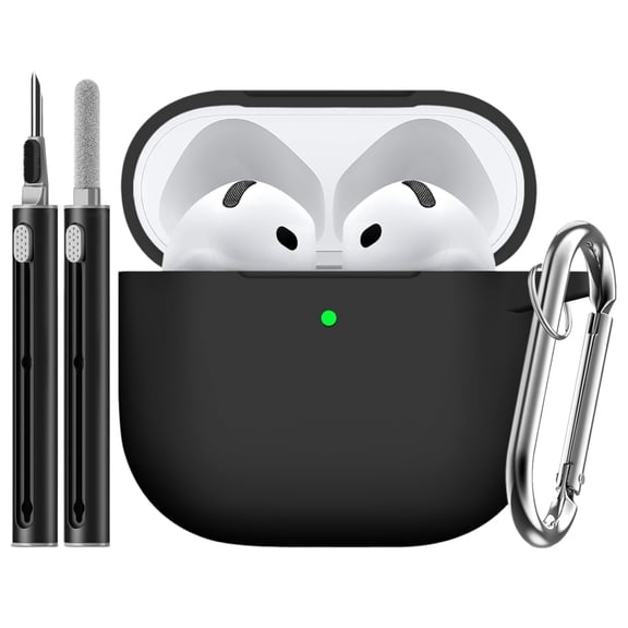 Applicable to AirPods 4 Case 2024 with Cleaner Kit, Soft Silicone Protective Cover, Anti-Drop Anti-Scratch with Keychain, Wireless Charging Compatible, Black for Men Women
