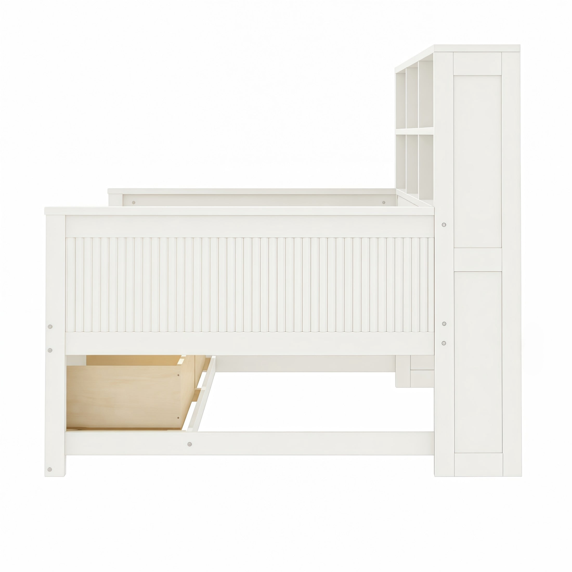 GDF Studio Josha Twin-Size Wooden Daybed with Bookcase Headboard, Storage Drawers & Built-In Charging Station, White