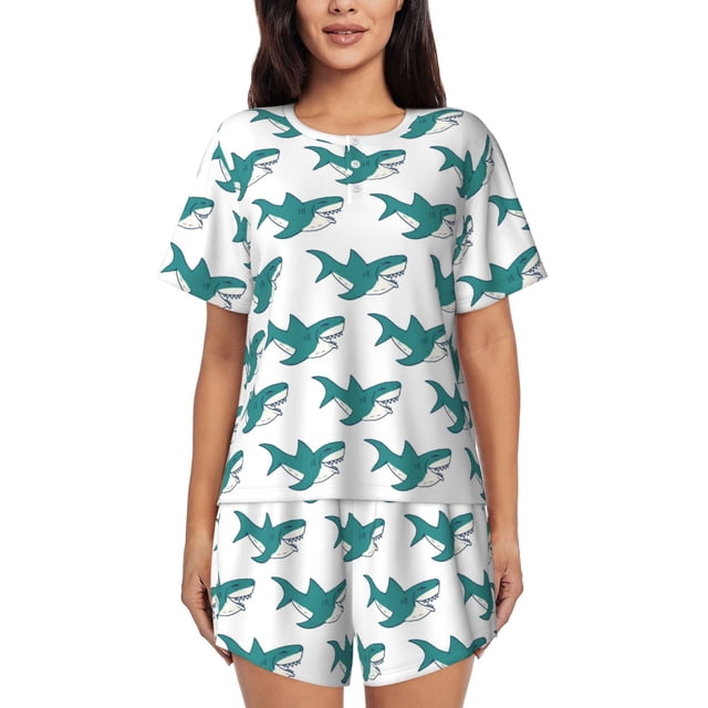 Fotbe Cartoon Shark Conjunto de Pijama Estampado para Mujer, 2 Piezas, Ropa de Dormir con Camiseta de Manga Corta y Shorts Suaves-4X-Large
