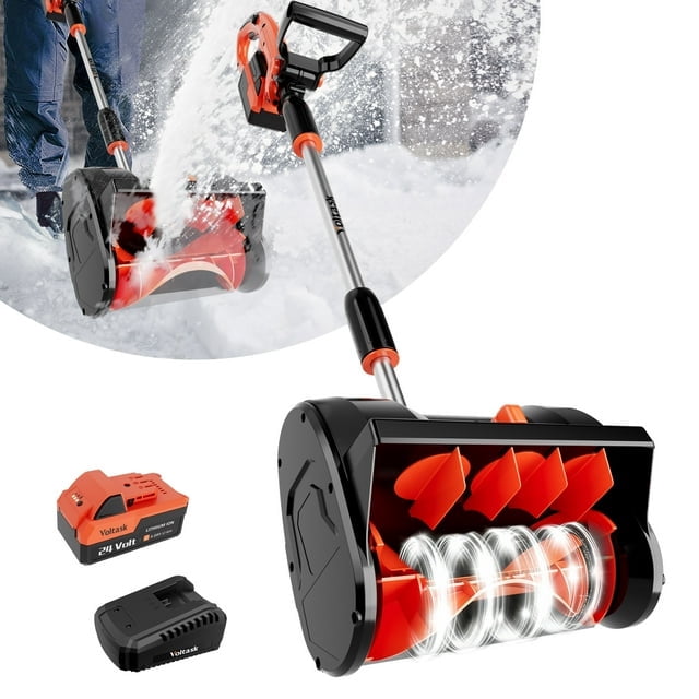 VOLTASK Pelle à Neige Électrique Sans Fil 24V 12 Pouces avec Plaque Directionnelle, Batterie et Chargeur Rapide Inclus