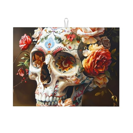 

Qekee Rose Floral Skull Print Dish Drying Mat Dishes Drainer Mat for Kitchen Counter Microfiber Absorbent Dish Draining Reusable Washable Draining Racks Extra Large 18 x24