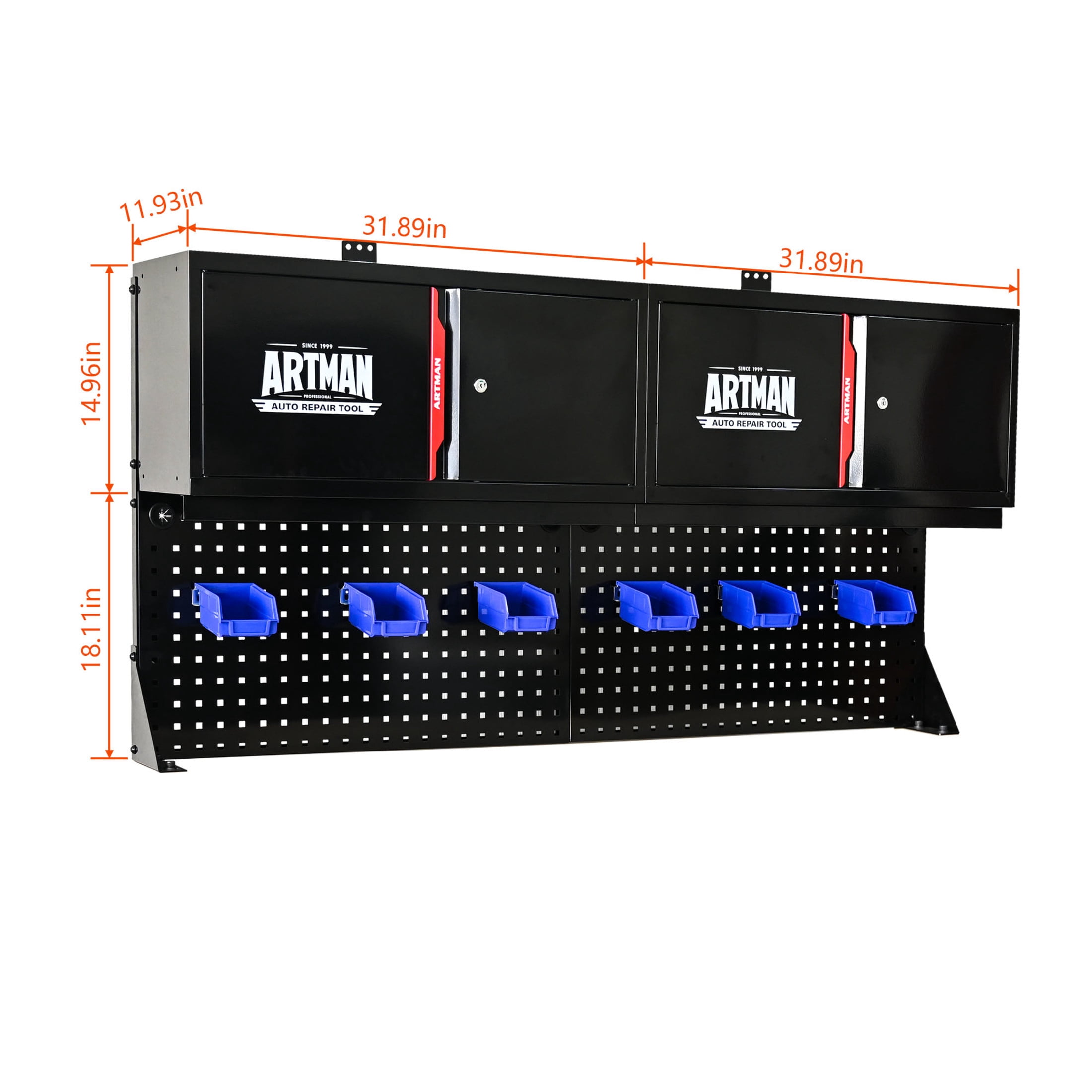 Noble House Wall-Mounted Double-Door Cabinet, Stainless Steel Pegboard Tool Rack with Hooks, Storage Shelf, Black & Red