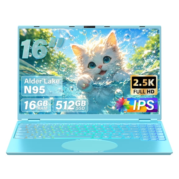 16" Blue Laptop, 2.5K QHD(2560x1600) IPS,Celeron N95, 16G RAM 512G SSD, Win 11/Office 2019, Color Backlit KB, Face Unlock, USB-C/HDMI/WiFi/BT, for Business Study