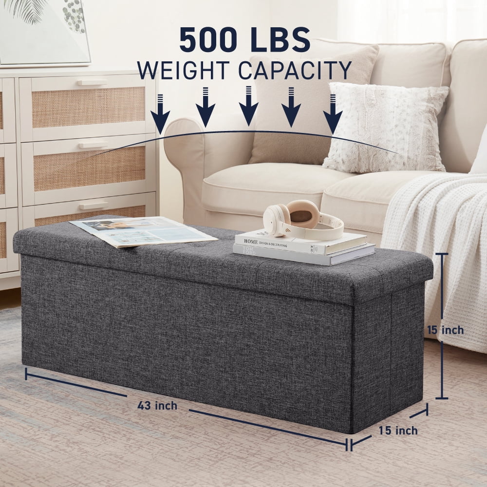 Ornavo Home Foldable Tufted Linen Large Storage Ottoman Bench Foot Rest Stool/Seat - 15" x 43" x 15"