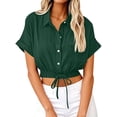thumbnail image 4 of Women Casual Crop Short Sleeve Button Down Blouses Shirt Collar Loose Fit Shirt Dark Green M, 4 of 6