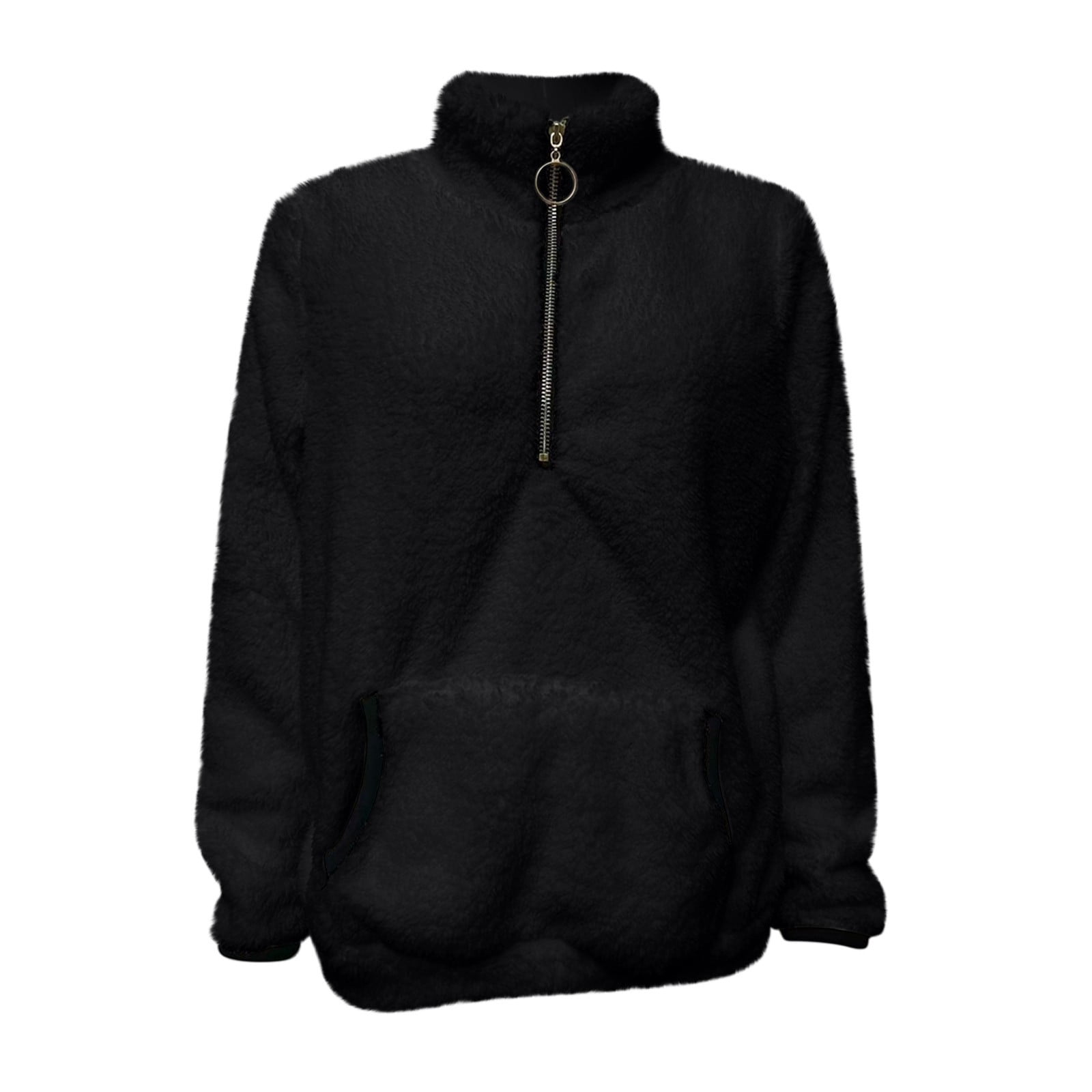 Women's Mock Neck Quarter Zip Fleece Sweatshirt, Soft Plush Pullover with Front Pockets, Cozy Winter Sweater for Cold Weather, Casual Daily Wear and Holiday Gatherings Black L