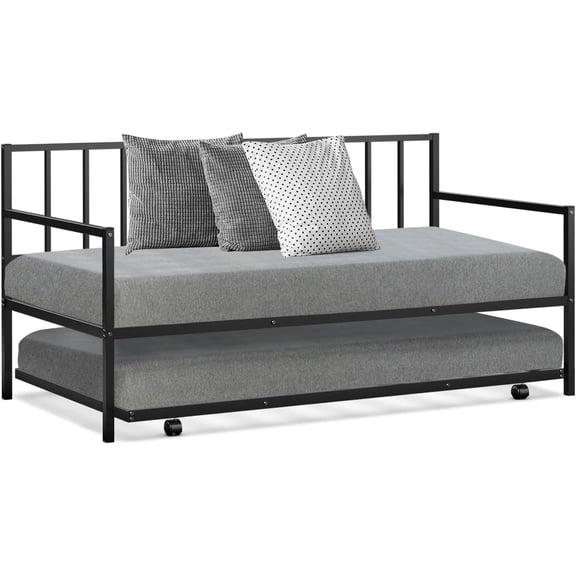 ZDT Twin Size Daybed and Trundle, Metal Frame Daybed and Roll Out Trundle w/Steel Slat Support & 4 Lockable Casters, Heavy-Duty Daybed for Guest Room, Bedroom (Black)