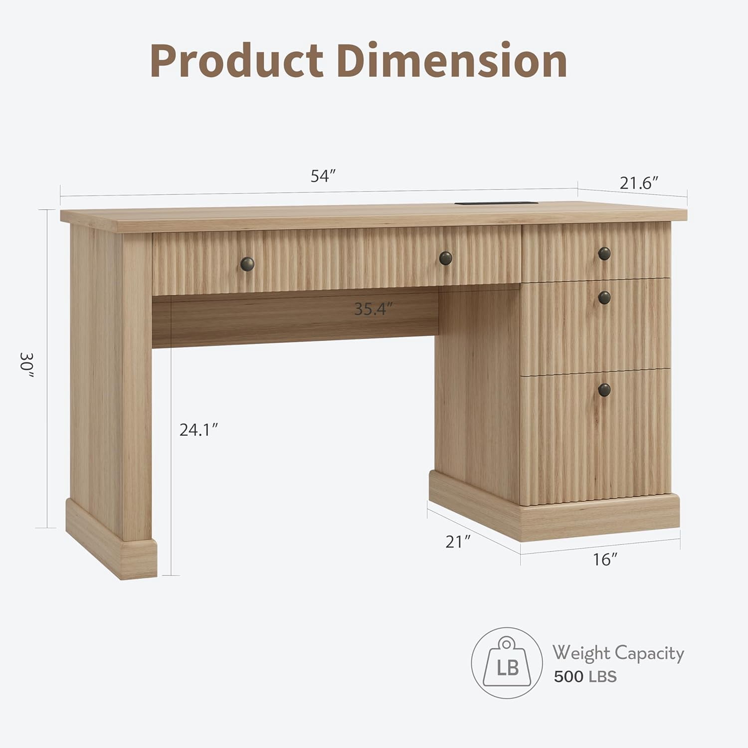 Modern 54" Fluted Home Office Desk with Charging Station, Wooden Executive Writing Desk, File Drawers for Study Room, Office Storage Solution