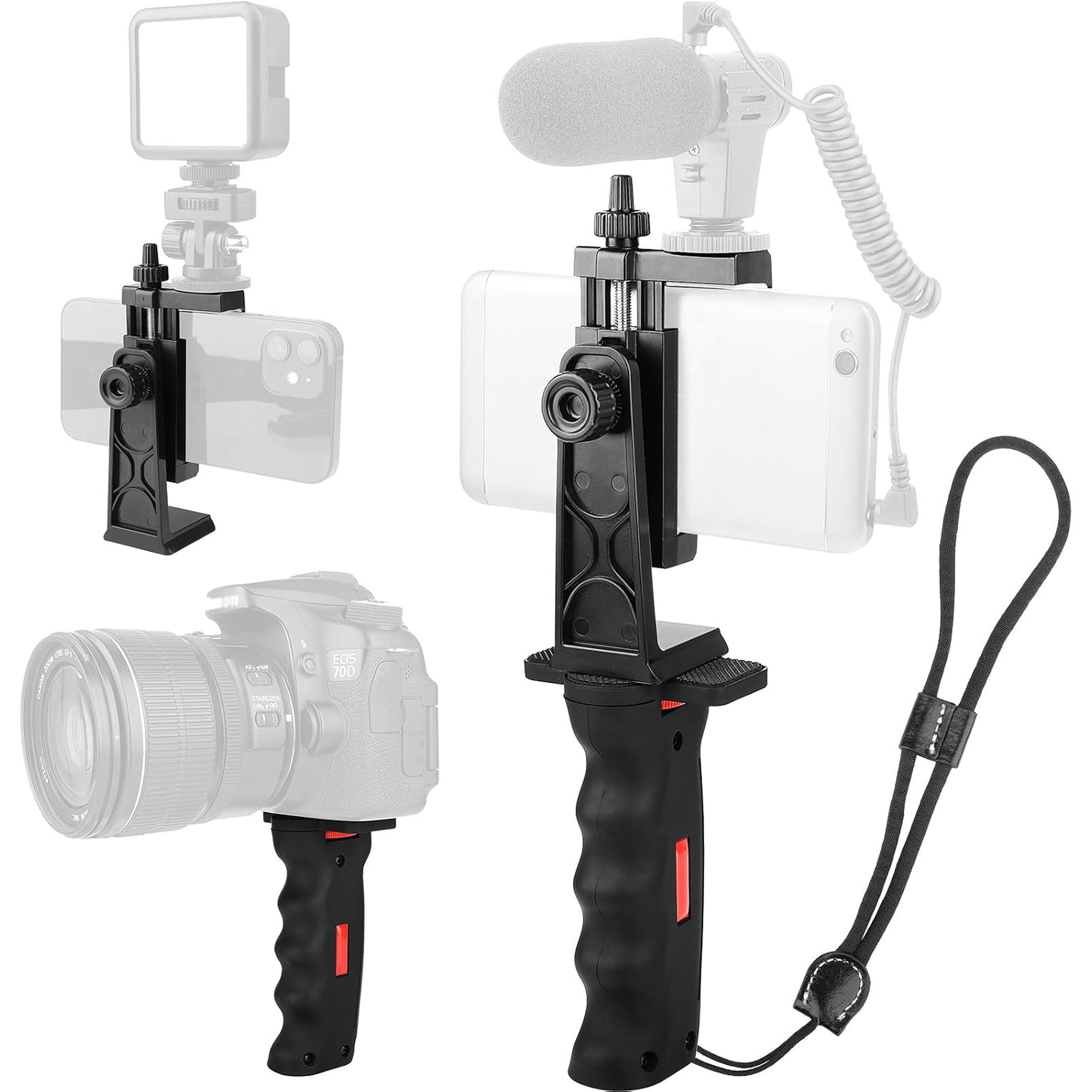 Vlogging Holder, Cell Phone Camera Handle Grip Stabilizer, Ergonomic Phone Video Stabilizer, Handheld Selfie Stick Smartphone Holder with Cold Shoe Mount for Mic/Flash Light, Wrist Strap