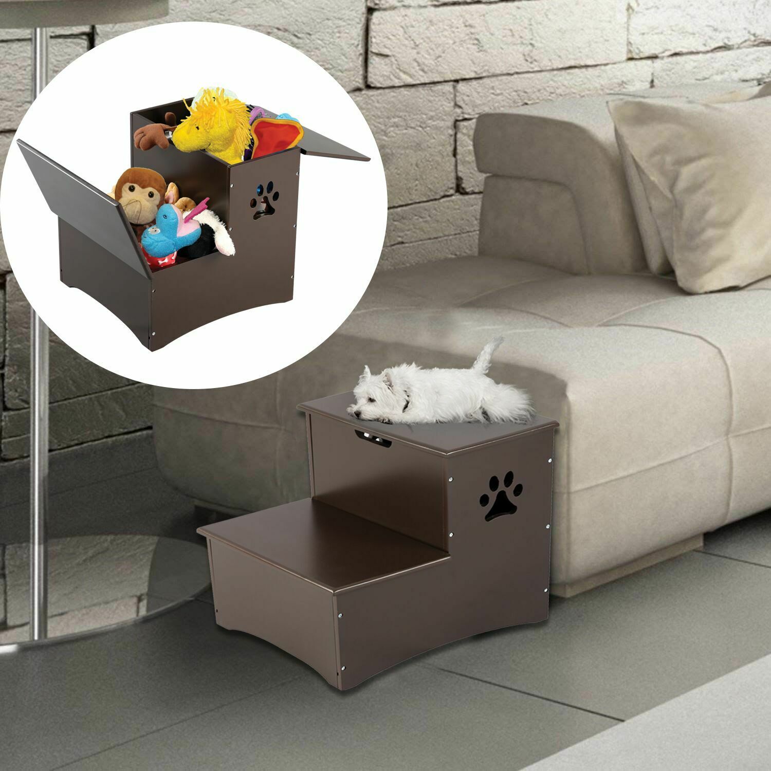 Wood Pet Stairs Dog Steps 2 Step Ladder Staircase with Storage Bin Toy