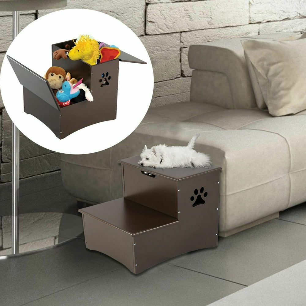 Wood Pet Stairs Dog Steps 2 Step Ladder Staircase with Storage Bin Toy