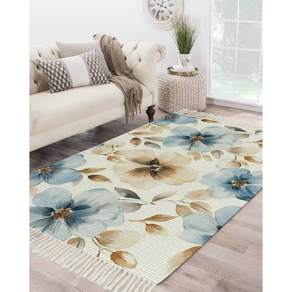 Blue Brown Spring Floral Large Area Rug 4x6ft Woven Runner Rug,Summer Botanical Watercolor Washable Living Room Bedroom Kitchen Bathroom Classroom Carpet with Tassels,Indoor Outdoor Throw Door Mat