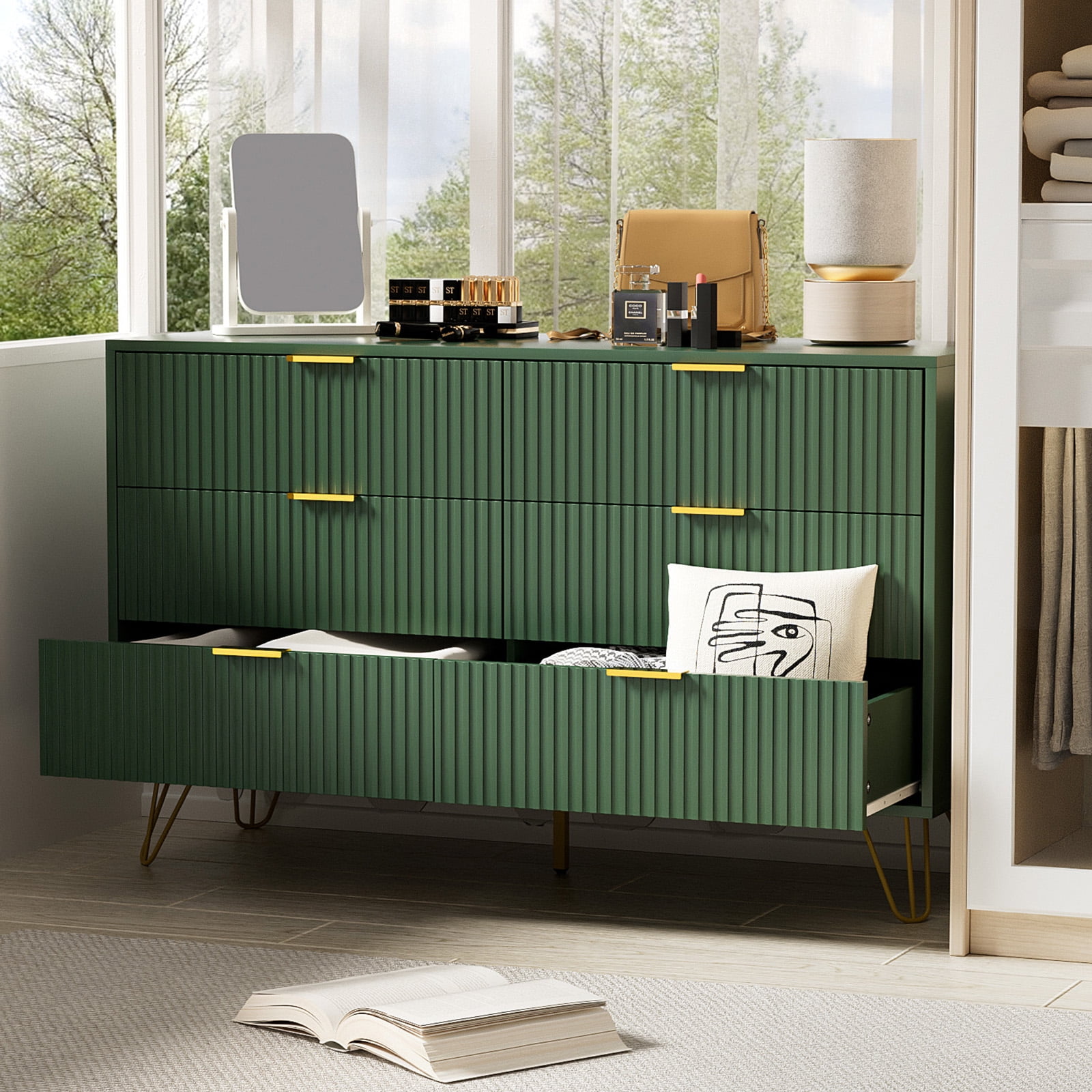 Furniway Modern 6-Drawer Dresser for Bedroom, Green, 29.5 x 15.7 x 47.2 Inches