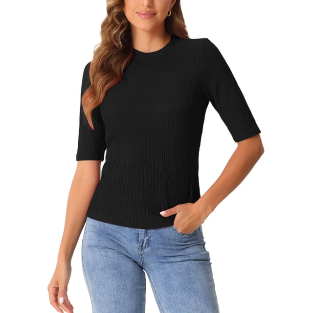 INSPIRE CHIC Haut Col Rond pour Femmes Manches Mi-Longues Froncées Blouse Basique Décontractée TP Noir