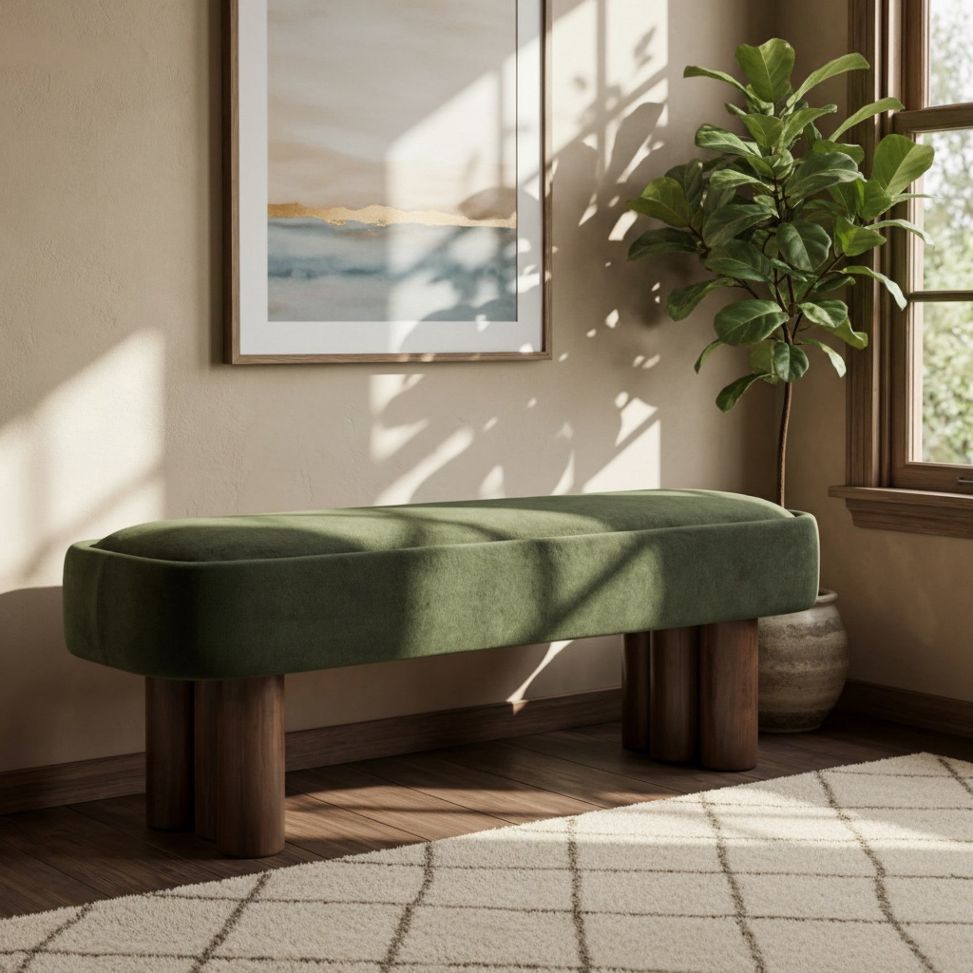 Sailvan 60" Boucle Dining Bench,Upholstered Kitchen Seating with Walnut Legs,Modern Indoor Bench for Entryway and Living Room Green