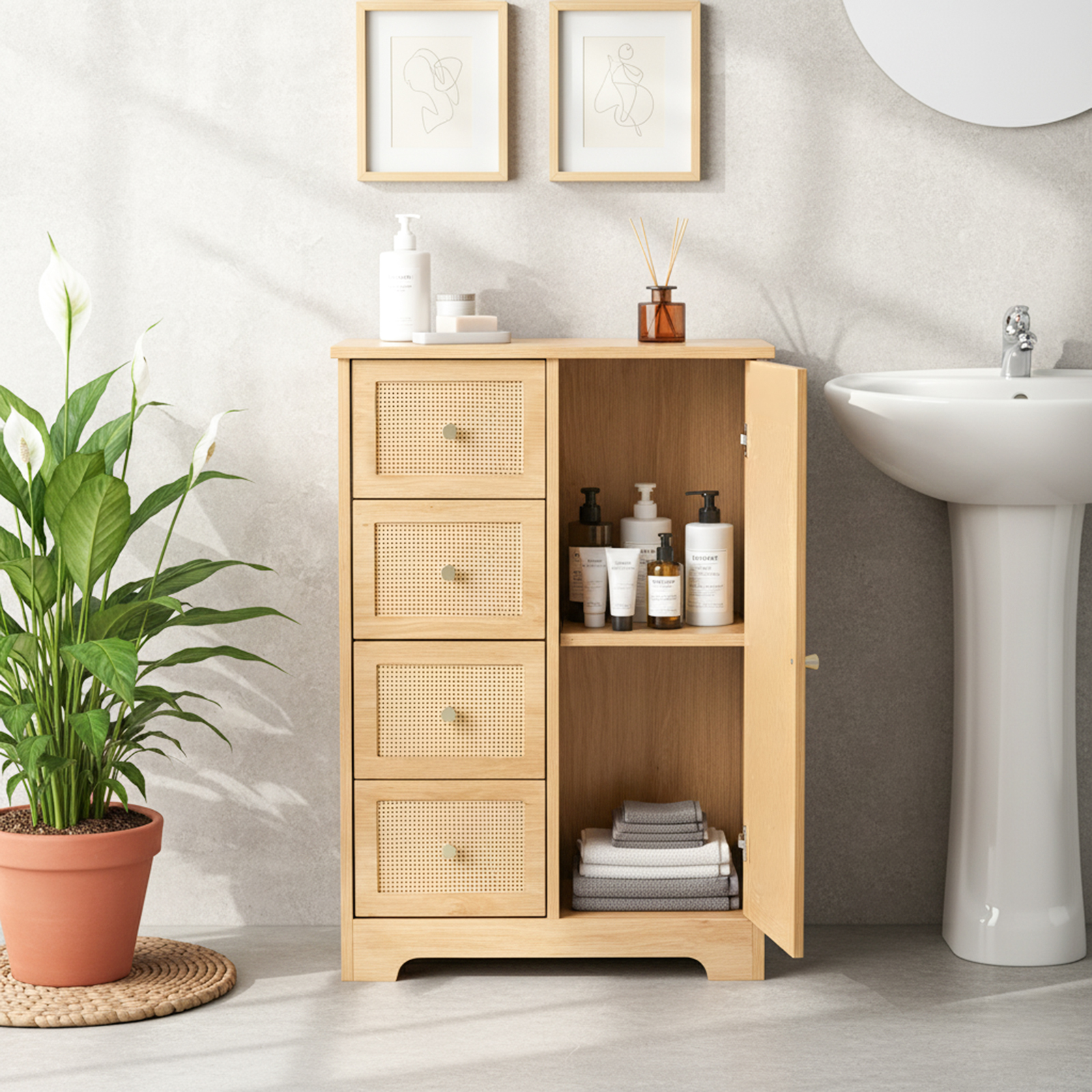 Ktaxon Wooden Bathroom Floor Cabinet, Side Storage Organizer with 4 Drawers, 1 Cupboard & 2-Shelves, Rattan