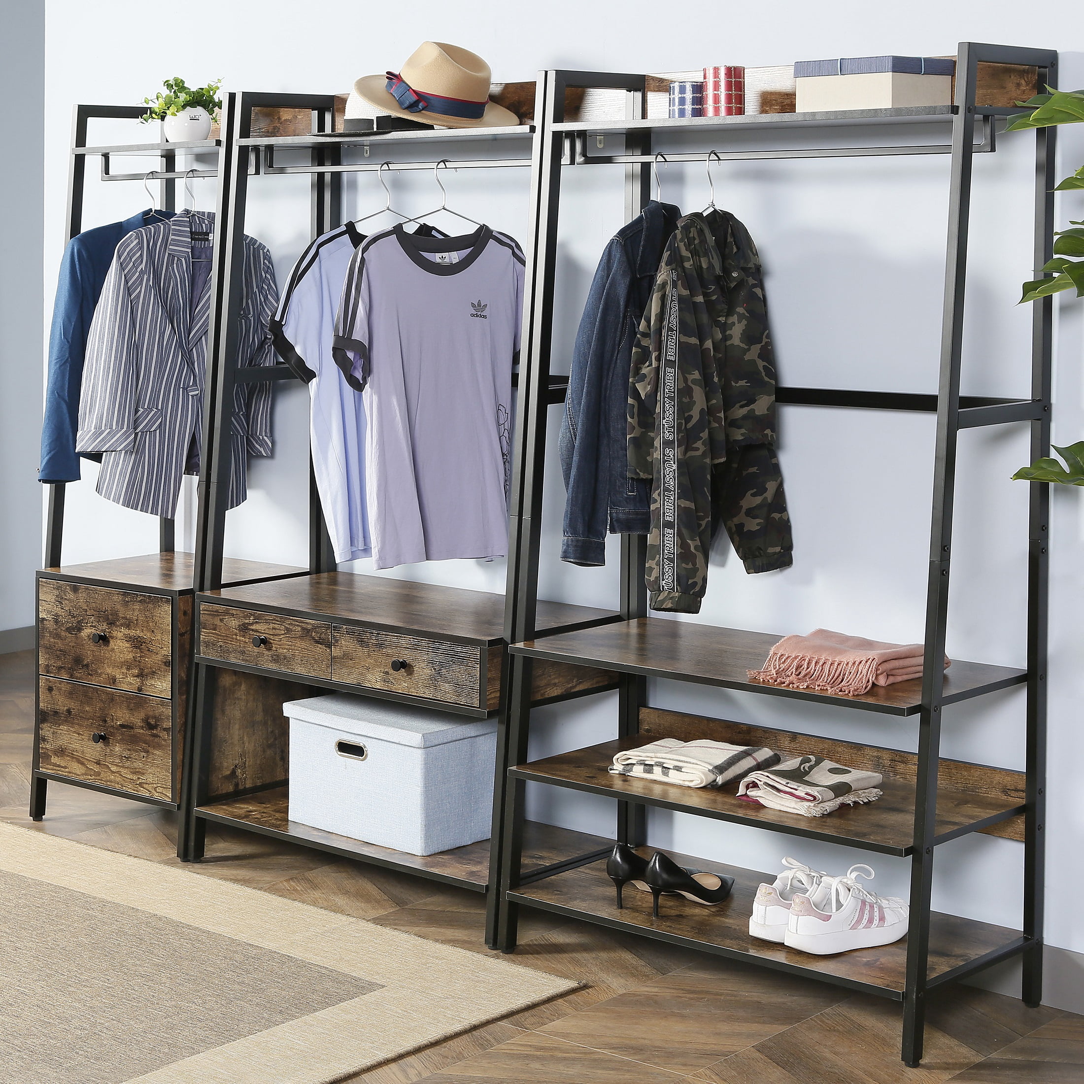 JJS 25.2" Wood & Metal Entryway Coat Rack with Storage Shelves in Rustic Brown