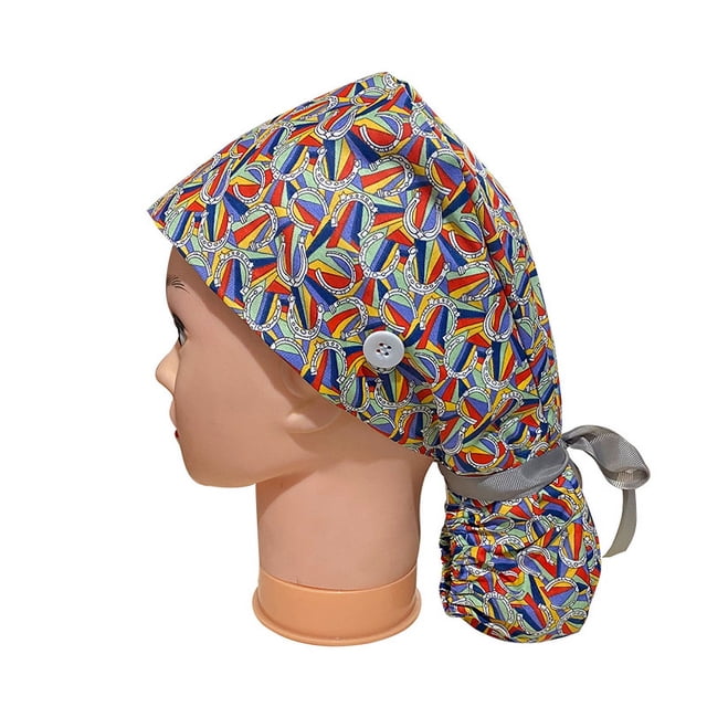 Gorro quirúrgico de pelo largo con ECG, gorro esmerilado, gorro con hebilla de algodón puro estampado para mujer