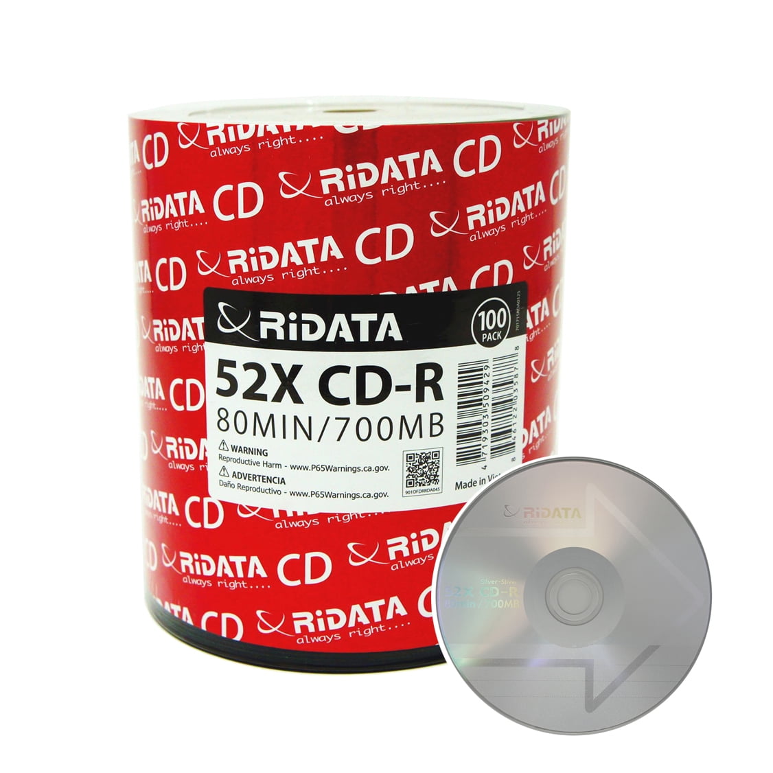 100 Pack Ridata CDR 52X 700MB 80Min Logo Blank Media Recordable Disc
