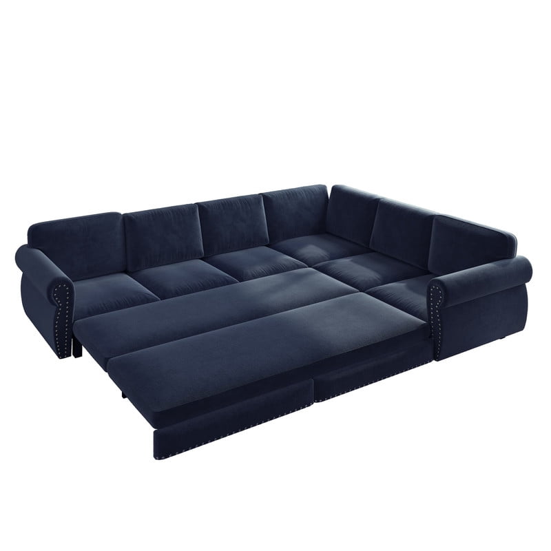 118" L-Shaped Convertible Sleeper Couch Bed, Chenille Upholstered Sectional Sofa with Pull-Out Sofa Bed, Modern Chesterfield Sofa for Living Room