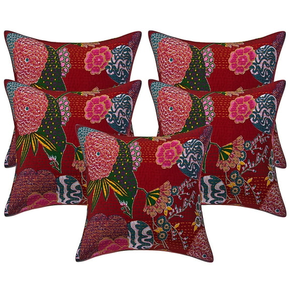 Stylo Culture Indian Decorative Throw Pillow Covers 16 x 16 Kantha Maroon Printed 40x40 cm Living Room Decor Cotton Tropicana Square Cushion Covers | Set Of 5