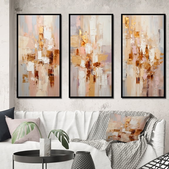 Designart "Vintage Gold Blossoming Suddenly II" Modern Geometric Framed Wall Art Set Of 3 - Brown Abstract Frame Canvas Set For Living Room Decor