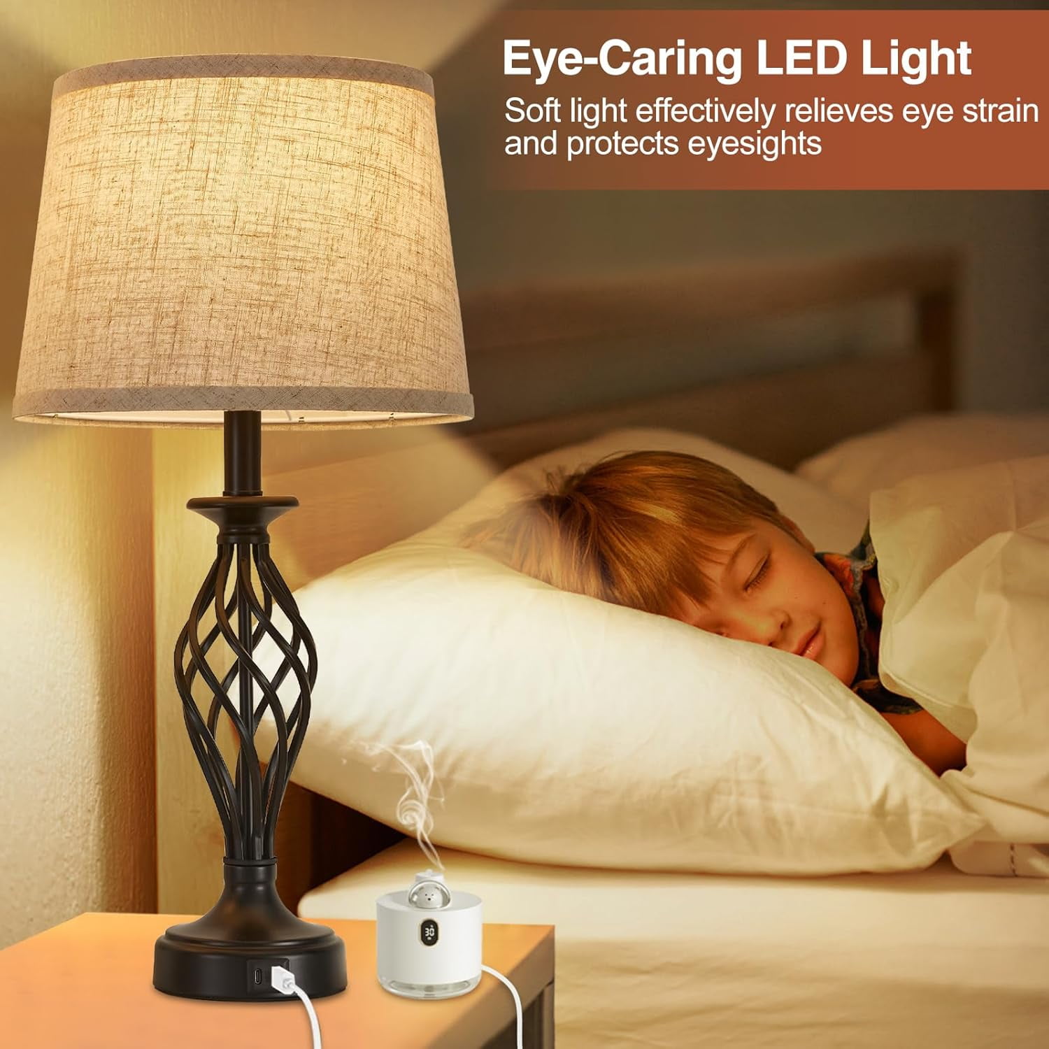 NATYSWAN Table Lamps Set of 2 with USB C+A Ports, Modern Bedside Lamps with Spiral Cage Base, Fabric Shade, Nightstand Lamp for Living Room Bedroom